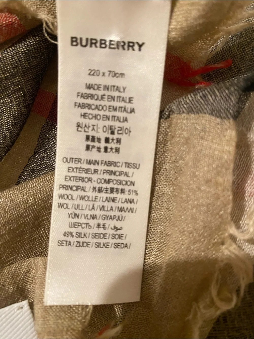 Burberry Neutral Plaid Silk-Wool Scarf with Red Accent